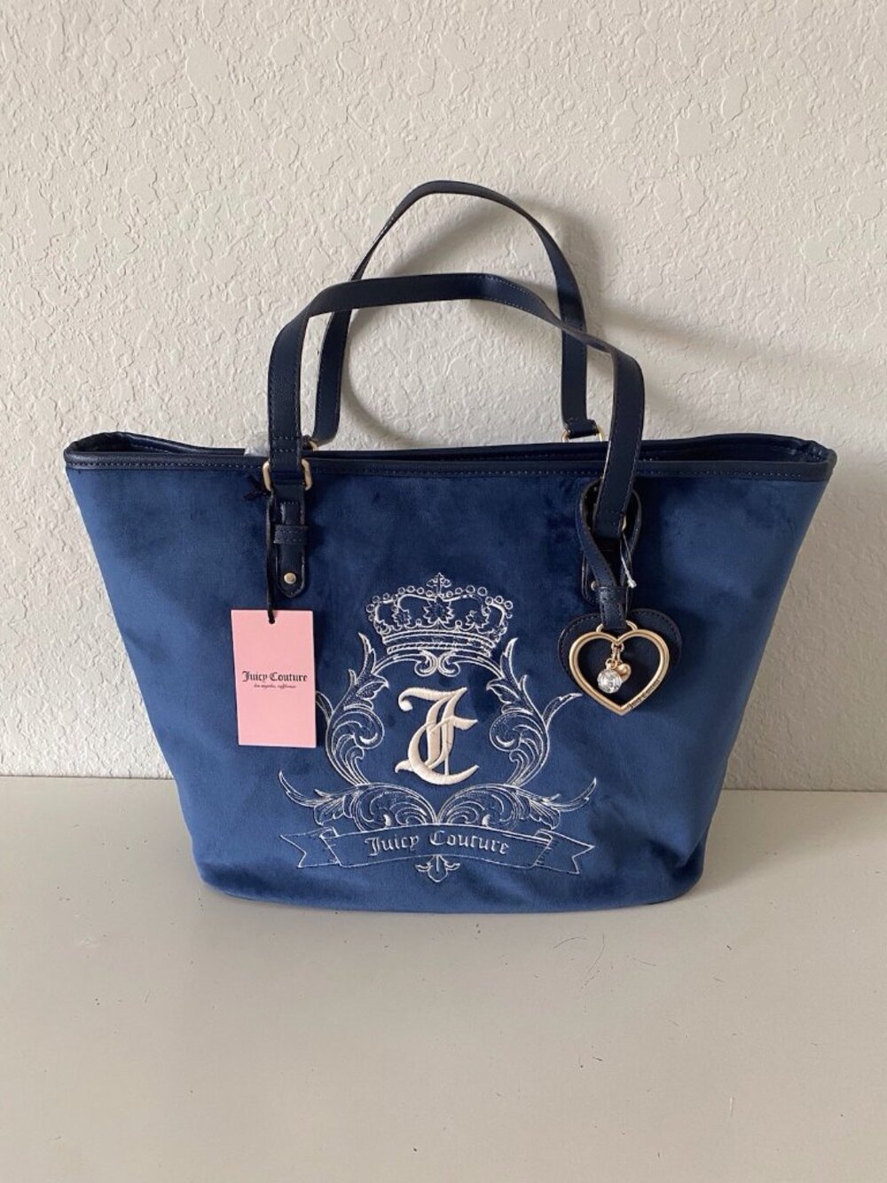 Juicy Couture Need More Juicy Tote In Regal Blue Embroidered W/Charm Retro NEW‎